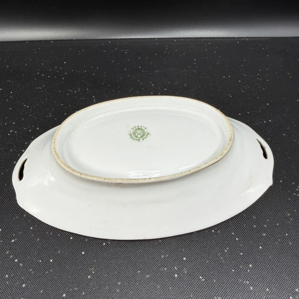 Nippon Hand Painted Celery Dish Oval Tray‎ Gold Moriage Landscape Lake Scene VTG